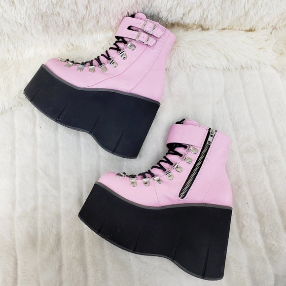 Goth 4 1/2" Platform Faux Lace-Up Ankle Boot in Pink - Picture 6 of 12